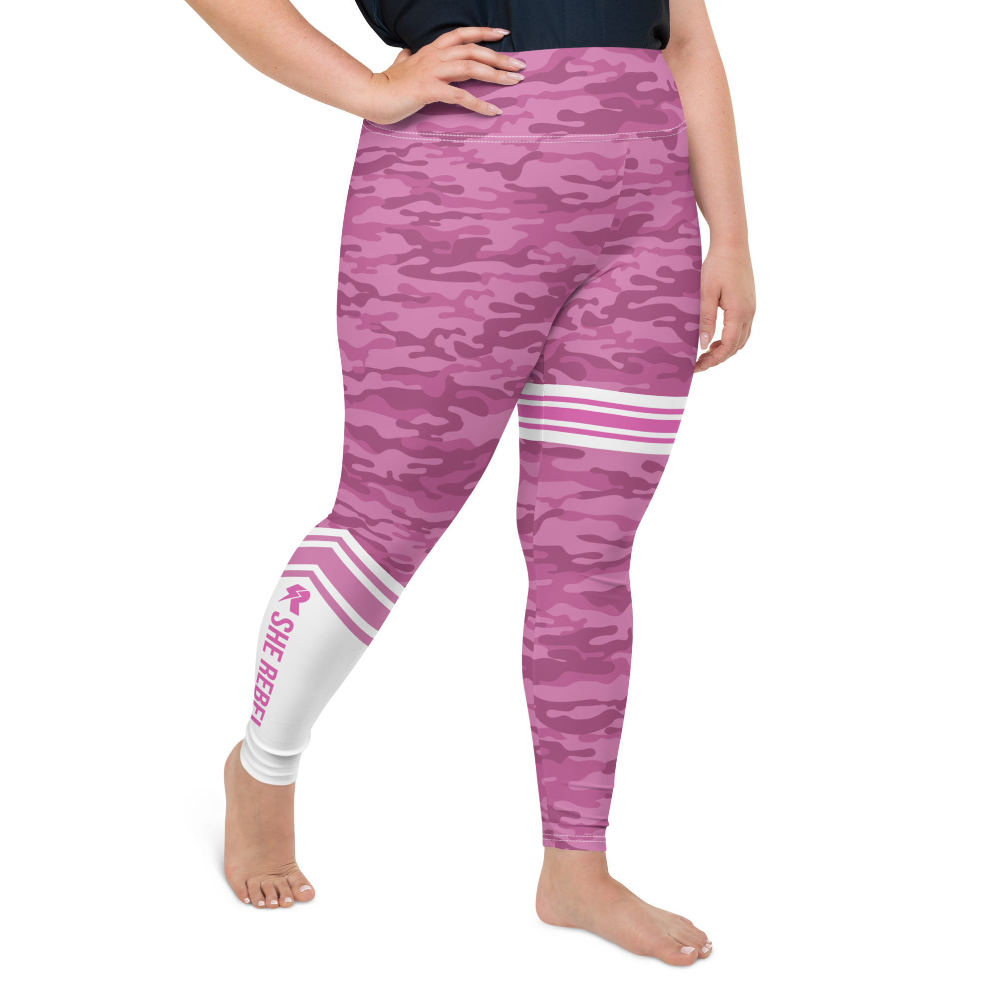 Pink Camo Leggings with Stripe - Plus Size